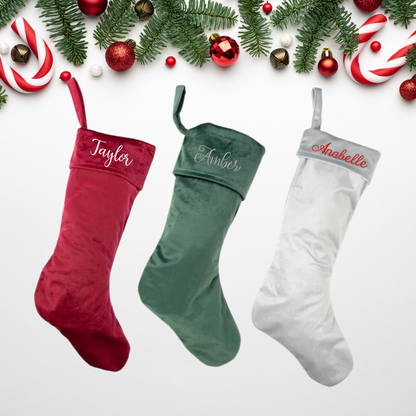 Custom embroidered Christmas stocking by Rebel Needleworks - personalised name stocking UK