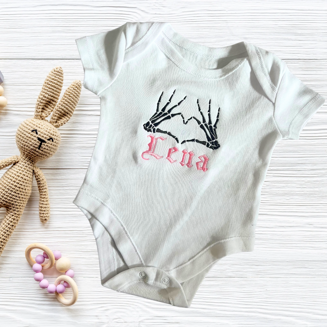 Personalised Embroidered Skeleton Heart Baby Grow