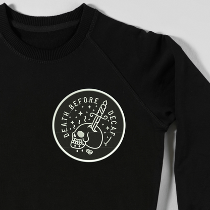 Custom Death Before Decaf embroidered jumper by Rebel Needleworks - alternative gothic sweatshirt UK