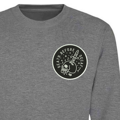 Rebel Needleworks Death Before Decaf embroidered sweatshirt - personalised gothic coffee lover UK
