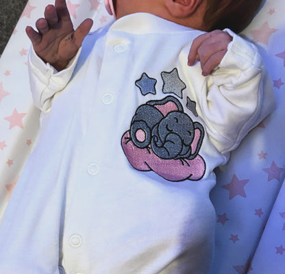 Custom elephant embroidered sleepsuit by Rebel Needleworks - personalised baby gift UK