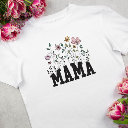 Custom MAMA flowers embroidered t-shirt by Rebel Needleworks - personalised mum gift UK