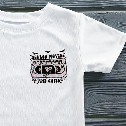 Horror movies and chill embroidered t-shirt by Rebel Needleworks - alternative gothic gift top UK