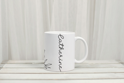 Rebel Needleworks personalised line floral name mug - custom botanical gift mug UK
