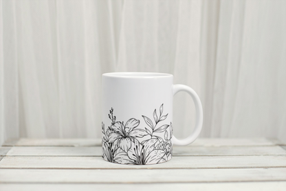 Custom line art floral name mug by Rebel Needleworks - personalised botanical gift mug UK