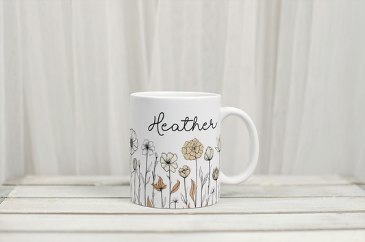 Wildflower personalised name mug by Rebel Needleworks - custom floral gift mug UK