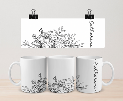 Line drawn floral personalised name mug by Rebel Needleworks - custom botanical gift mug UK