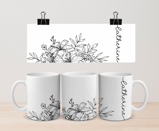 Line drawn floral personalised name mug by Rebel Needleworks - custom botanical gift mug UK
