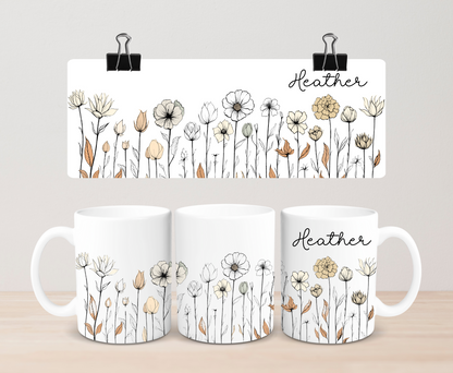 Custom wildflower name mug by Rebel Needleworks - personalised floral gift mug UK