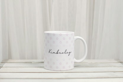 Pink star personalised mug by Rebel Needleworks - custom name gift mug UK