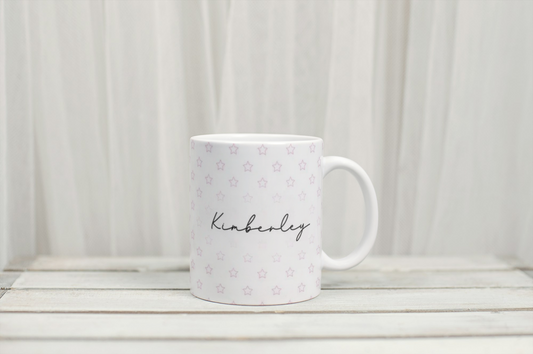 Pink star personalised mug by Rebel Needleworks - custom name gift mug UK