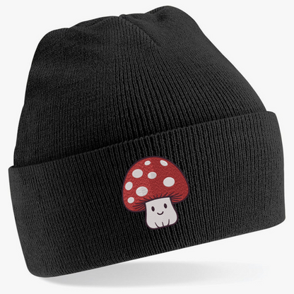 Custom mushroom embroidered beanie by Rebel Needleworks - cottagecore alternative hat UK
