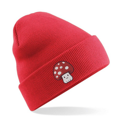 Cute mushroom embroidered cuffed beanie hat by Rebel Needleworks - alternative cottagecore hat UK