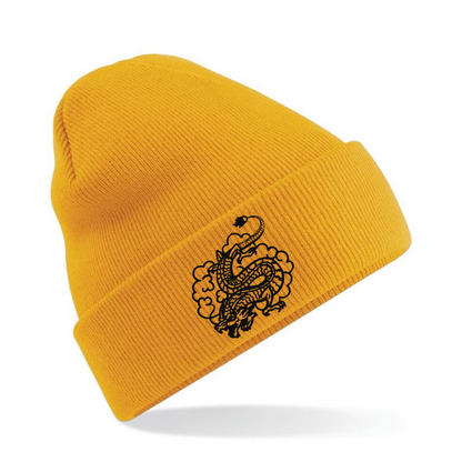 Custom Chinese dragon embroidered beanie by Rebel Needleworks - alternative gothic hat UK