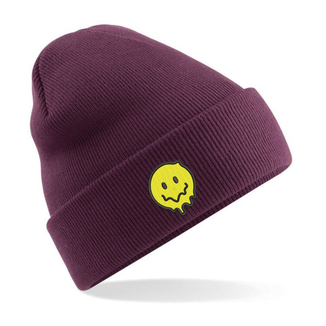 Melting Smiley Face Embroidered Cuffed Beanie Hat