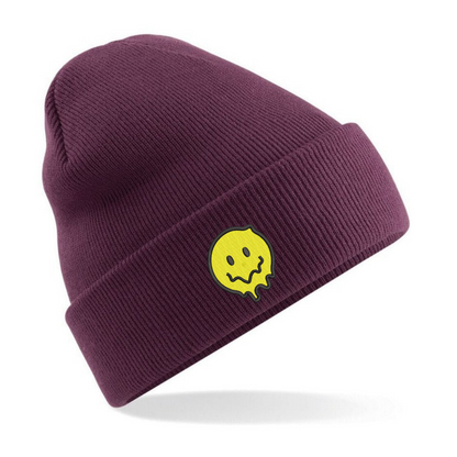 Custom melting smiley face embroidered beanie by Rebel Needleworks - alternative hat UK