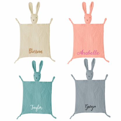 Custom embroidered bunny personalised comforter by Rebel Needleworks - baby shower gift UK