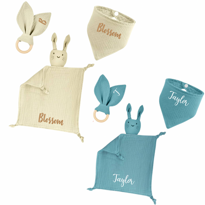 Personalised bunny comforter baby gift set by Rebel Needleworks - custom baby shower gift UK