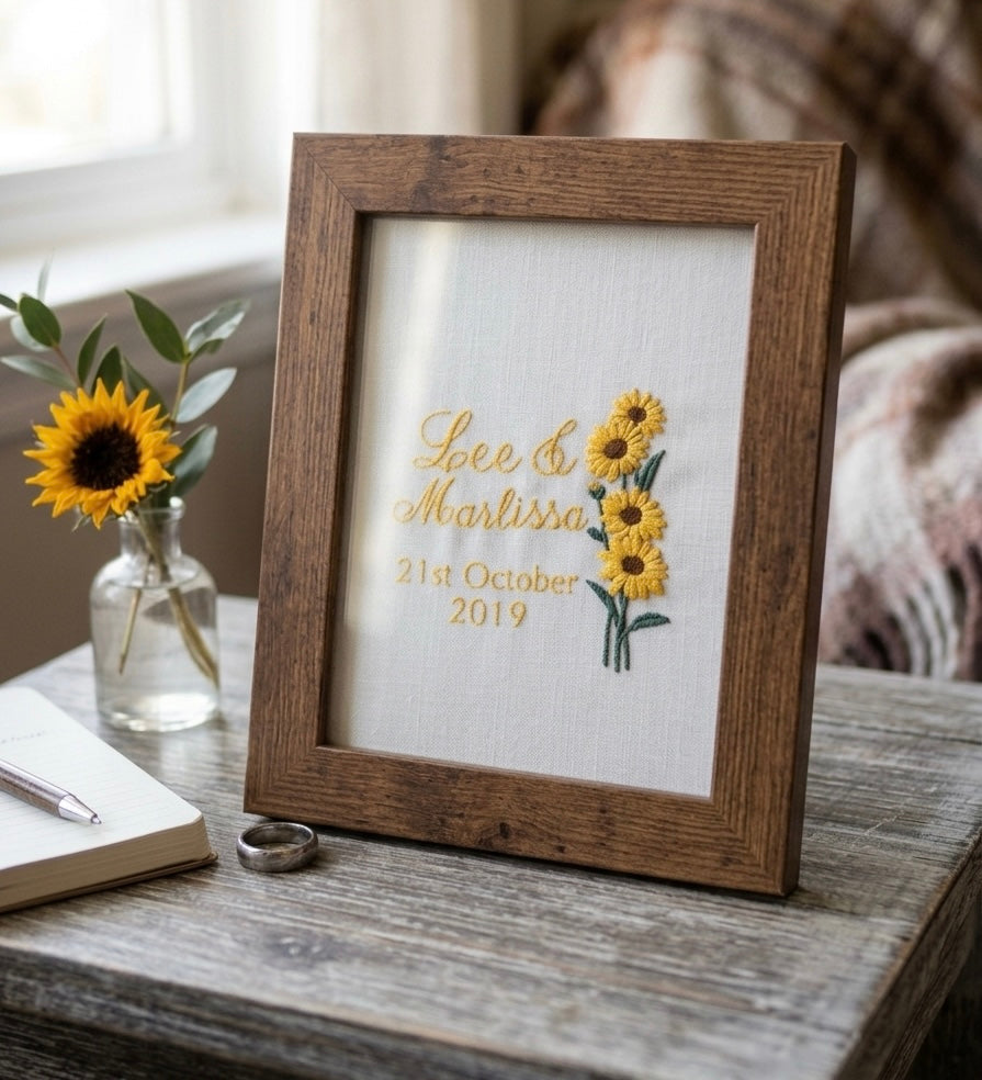 Wooden framed embroidery with sunflowers and text on a wooden surface.