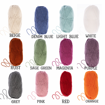 Yarn balls in various colors with labels on a white background