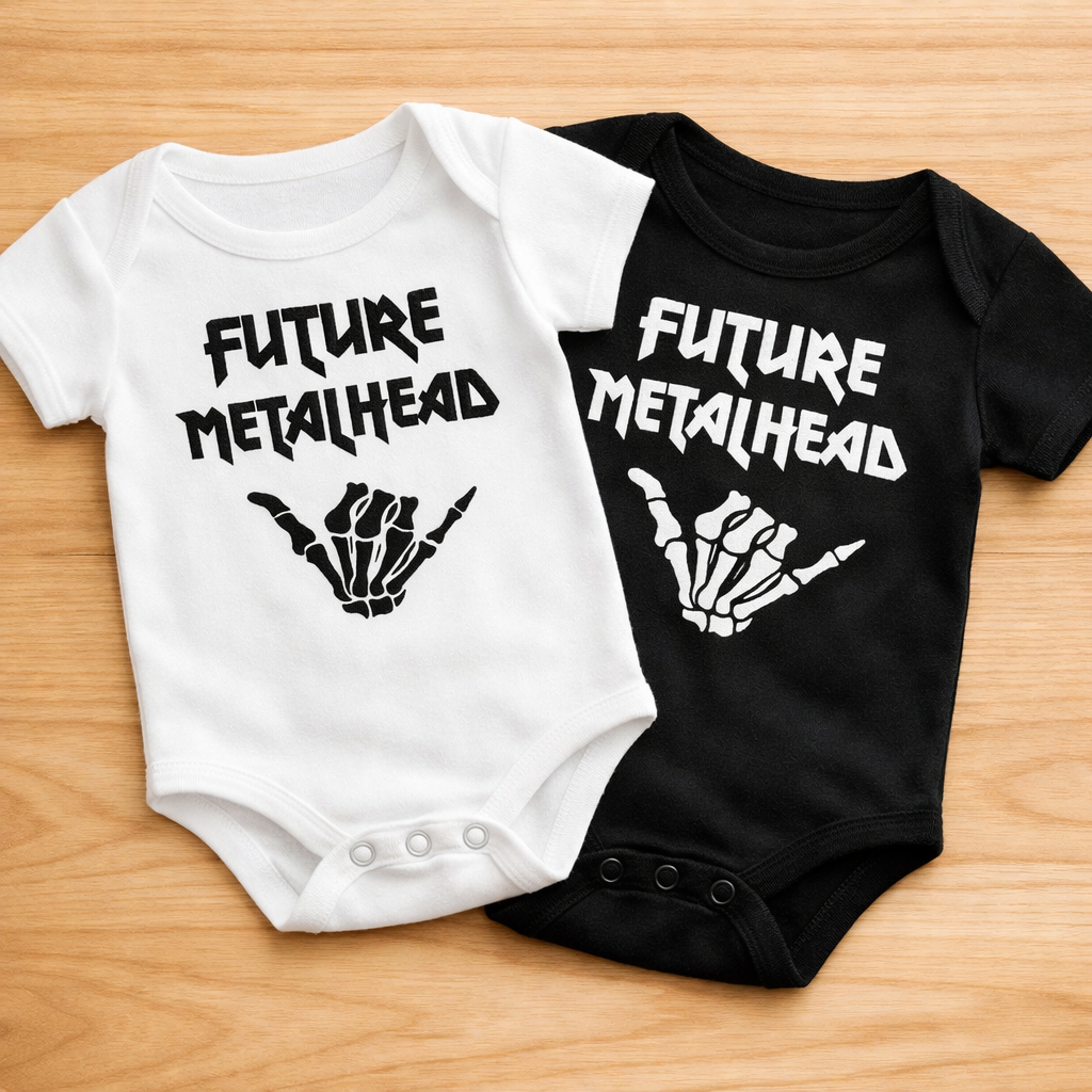 Two baby onesies embroidered with 'Future Metalhead' text and skeleton hand gestures on a wooden surface.