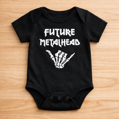 Black embroidered alt gothicbaby onesie with 'Future Metalhead' text and skeleton hand sign on a wooden surface