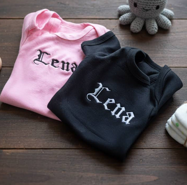 Embroidered gothic text baby grow by Rebel Needleworks - alternative gothic personalised baby gift UK