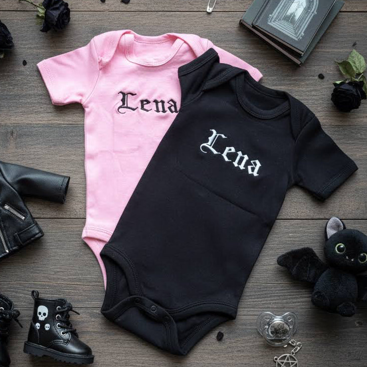 Custom gothic text embroidered baby grow by Rebel Needleworks - alternative gothic baby gift UK