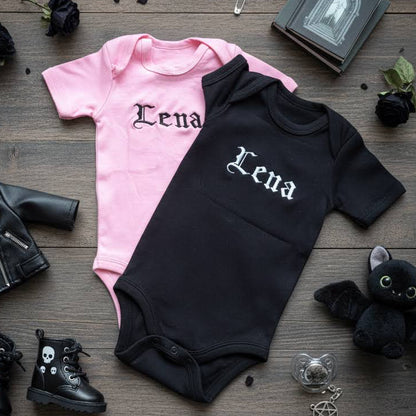 Custom gothic text embroidered baby grow by Rebel Needleworks - alternative gothic baby gift UK