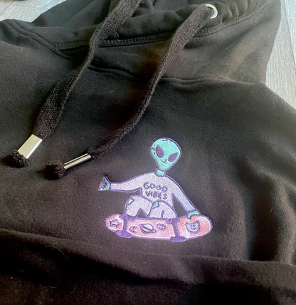 Good Vibes alien embroidered hoodie and t-shirt by Rebel Needleworks - alternative unisex clothing UK