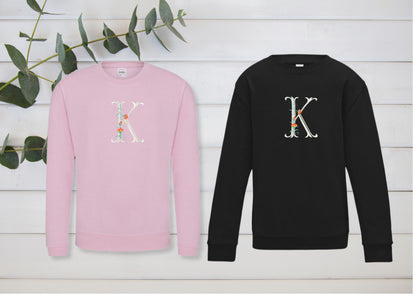 Kids personalised embroidered flower initial sweatshirt by Rebel Needleworks - custom children jumper UK