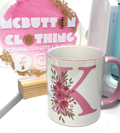 Rebel Needleworks personalised pink floral initial mug - bespoke name gift mug UK