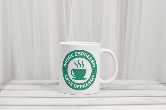 More Espresso Less Depresso funny custom mug by Rebel Needleworks - personalised coffee lover gift mug UK