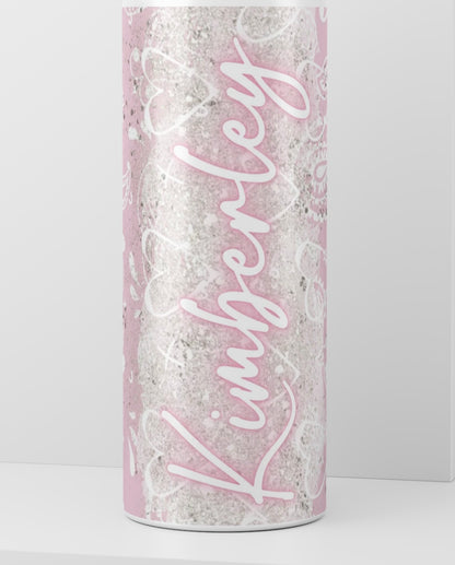 Personalised pink glitter tumbler by Rebel Needleworks - custom name water bottle UK