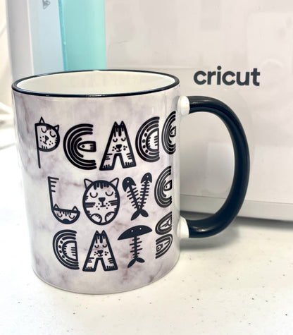 Cat lover custom mug by Rebel Needleworks - peace love cats novelty gift mug UK