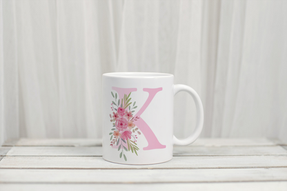 Personalised pink floral initial mug by Rebel Needleworks - custom name initial gift mug UK