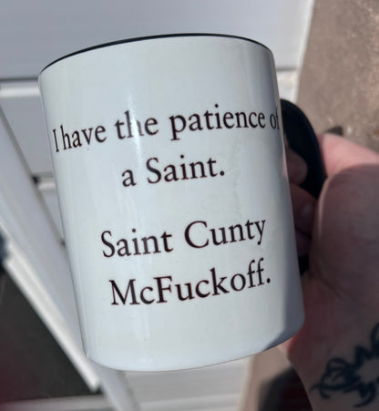 Custom saint patience funny mug by Rebel Needleworks - personalised humour gift mug UK
