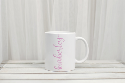 Custom pink floral initial mug by Rebel Needleworks - personalised floral letter mug UK