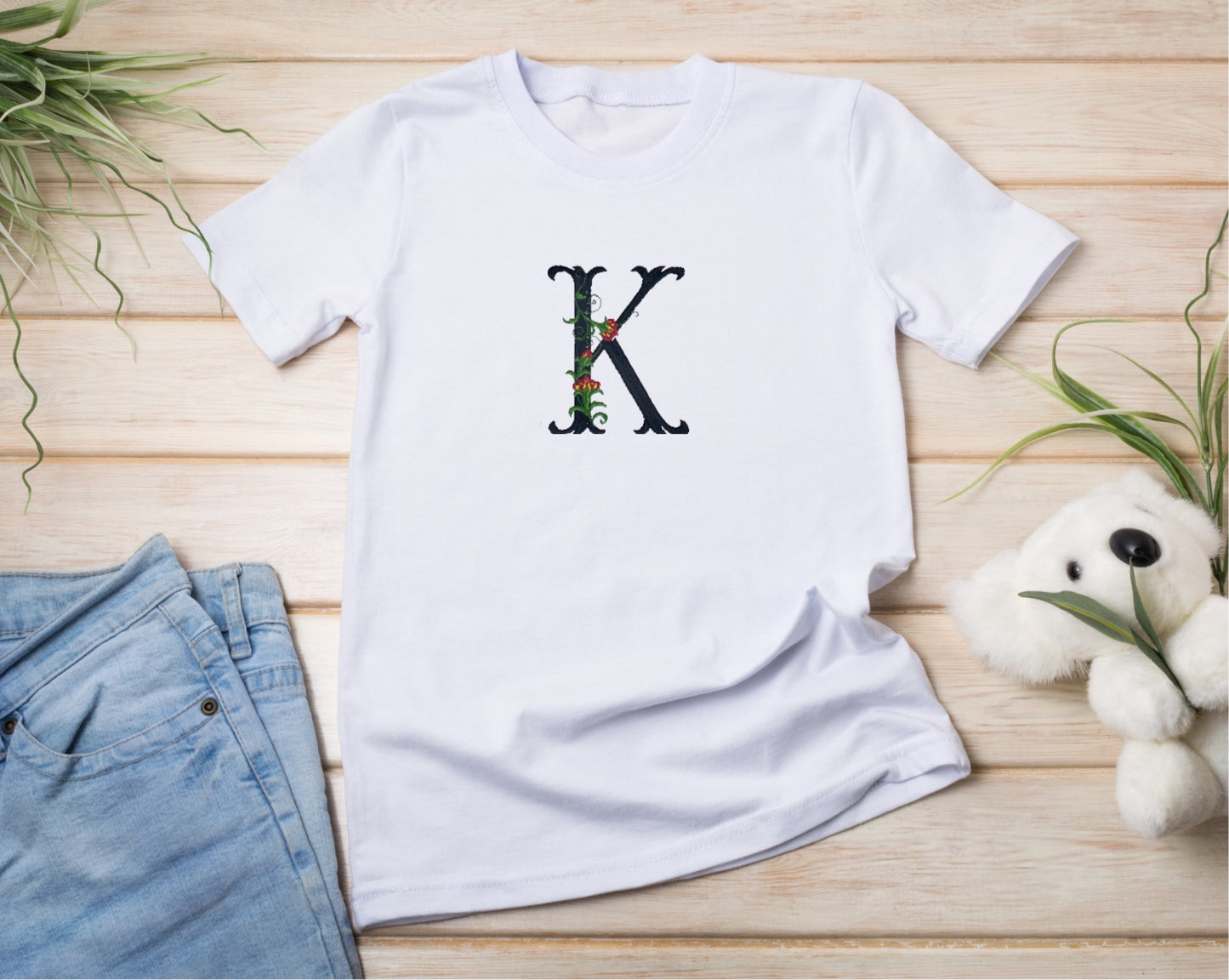 Kids Personalised Embroidered Flower Initial T-shirt