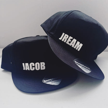 Kids personalised snap back hat by Rebel Needleworks - custom embroidered cap for children UK