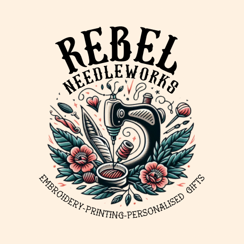 Rebel Needleworks logo - personalised gifts, embroidery and custom clothing made in the UK