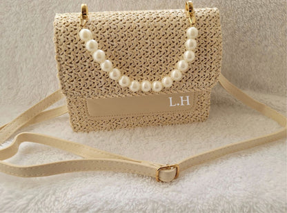 Custom pearl handle crossbody handbag by Rebel Needleworks - personalised bridal gift UK